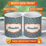 Personalized Custom Name Cartoon Kids Blue Background Pattern Cute Character Design Lovely 11oz Ceramic Coffee Tea Mug White Large Handle