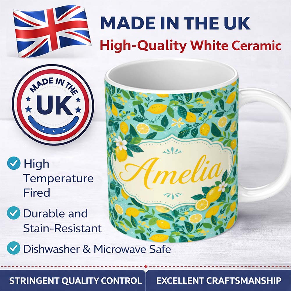 Personalized Custom Name Fresh Lemon and Leaf Scatter Pattern on Teal Background Seamless 11oz Ceramic Coffee Tea Mug White Large Handle