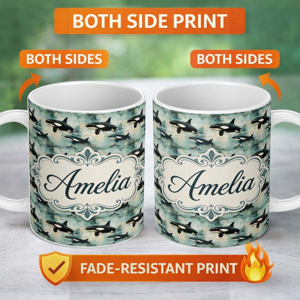 Personalized Custom Name Orca Whale Bubble Ocean Seamless Pattern Playful Marine Life Design 11oz Ceramic Coffee Tea Mug White Large Handle