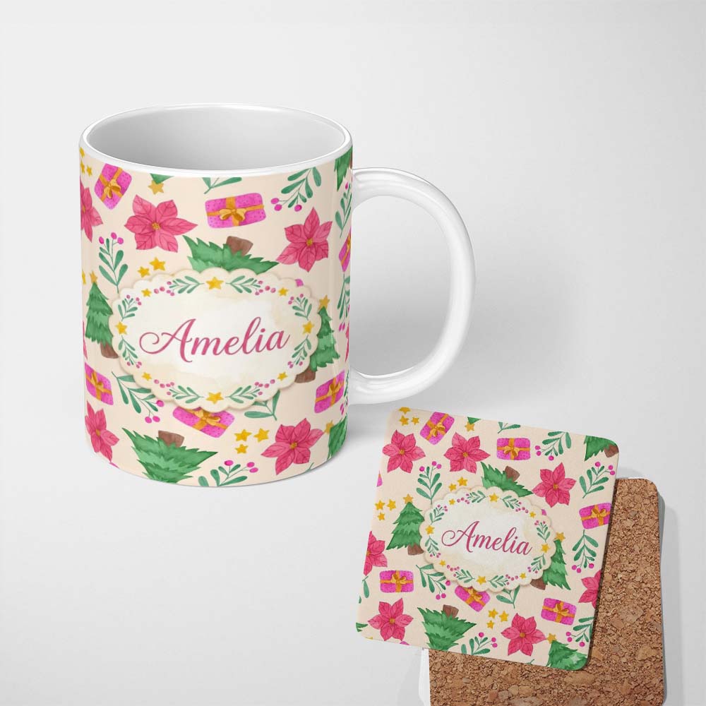 Personalized Custom Name Watercolor Christmas Poinsettia Gift Seamless Pattern Lovely 11oz Ceramic Coffee Tea Mug White Large Handle