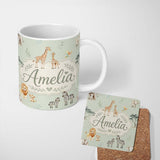 Personalized Custom Name Safari Animals Giraffe Lion Zebra on Sage Green Seamless Pattern 11oz Ceramic Coffee Tea Mug White Large Handle
