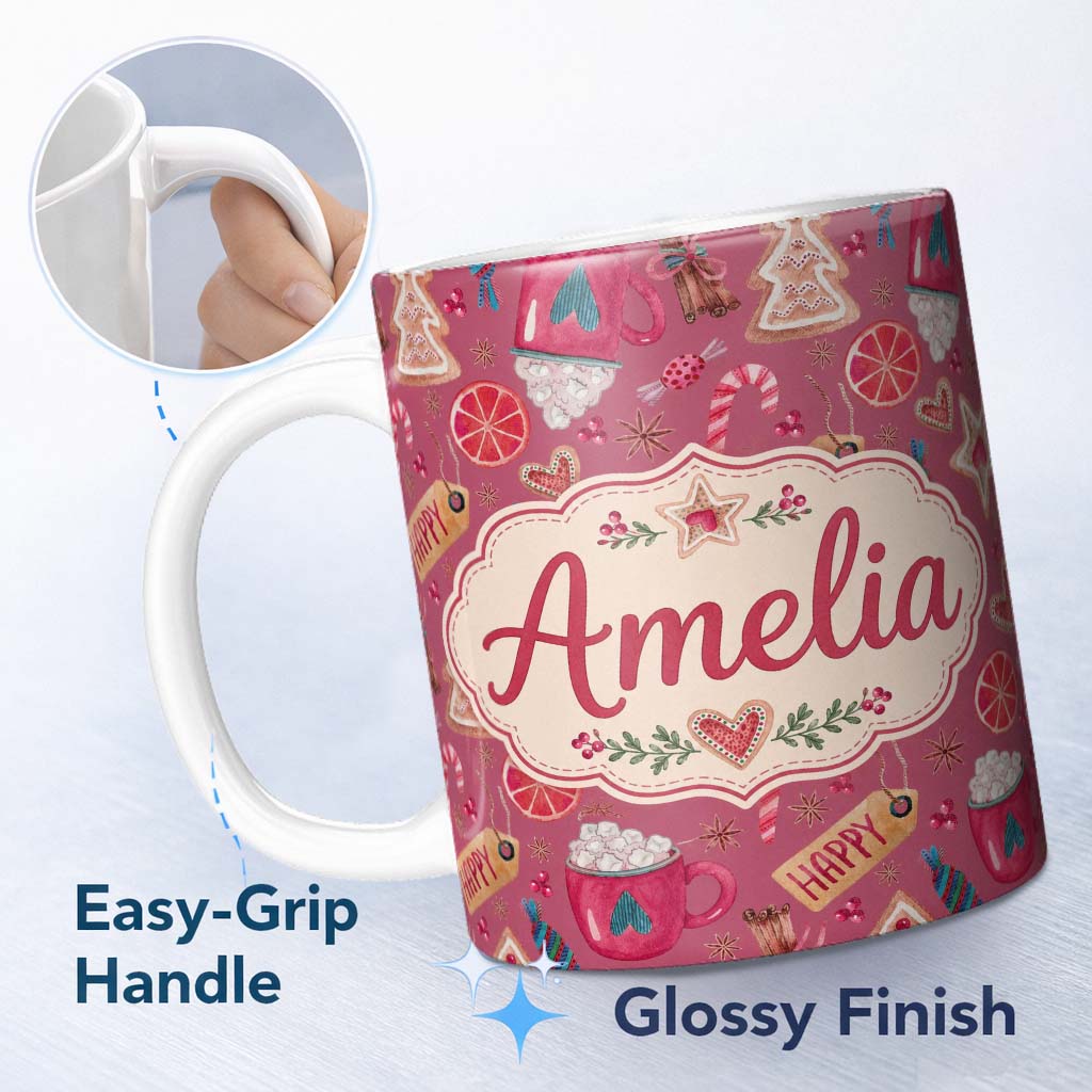 Personalized Custom Name Watercolor Christmas Cookies Candy Cane Orange Slice Mug Festive 11oz Ceramic Coffee Tea Mug White Large Handle