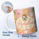 Personalized Custom Name Cute Farm Animals Girl Pig Cow Chicken Peach Background Seamless 11oz Ceramic Coffee Tea Mug White Large Handle