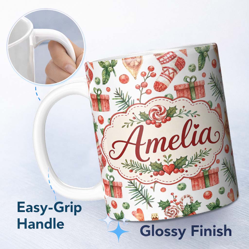 Personalized Custom Name Cute Christmas Stocking Gifts Holly Leaves Seamless Pattern Lovely 11oz Ceramic Coffee Tea Mug White Large Handle