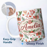Personalized Custom Name Cute Christmas Stocking Gifts Holly Leaves Seamless Pattern Lovely 11oz Ceramic Coffee Tea Mug White Large Handle
