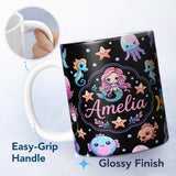 Personalized Custom Name Cute Cartoon Mermaid with Sea Creatures on Black Background Kids 11oz Ceramic Coffee Tea Mug White Large Handle