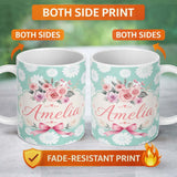 Personalized Custom Name White Daisy Floral Pattern on Mint Green Background Seamless Pattern 11oz Ceramic Coffee Tea Mug White Large Handle