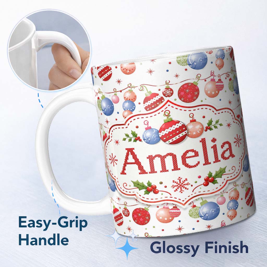 Personalized Custom Name Christmas Hanging Baubles Garland Stars Seamless Pattern Lovely 11oz Ceramic Coffee Tea Mug White Large Handle