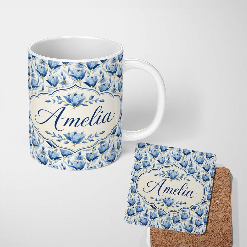 Personalized Custom Name Blue Floral Botanical Elegant Seamless Pattern Perfect Gift for Her 11oz Ceramic Coffee Tea Mug White Large Handle