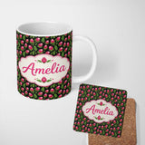 Personalized Custom Name Protea Flower and Fern Leaf Pattern on Black Background Lovely 11oz Ceramic Coffee Tea Mug White Large Handle