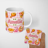 Personalized Custom Name Cute Kawaii Fast Food Pizza Chicken Soda Pink Gingham Background 11oz Ceramic Coffee Tea Mug White Large Handle