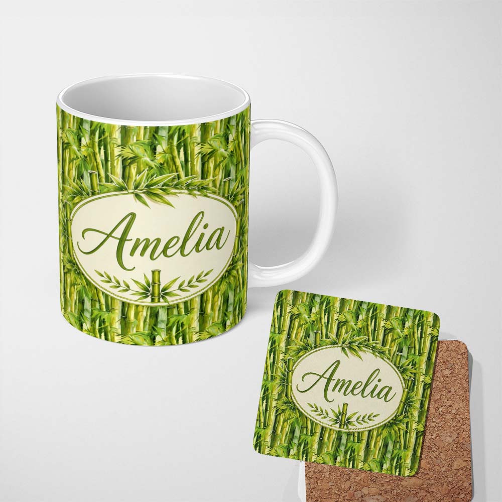 Personalized Custom Name Vibrant Green Bamboo Leaves Dense Jungle Style Seamless Pattern 11oz Ceramic Coffee Tea Mug White Large Handle