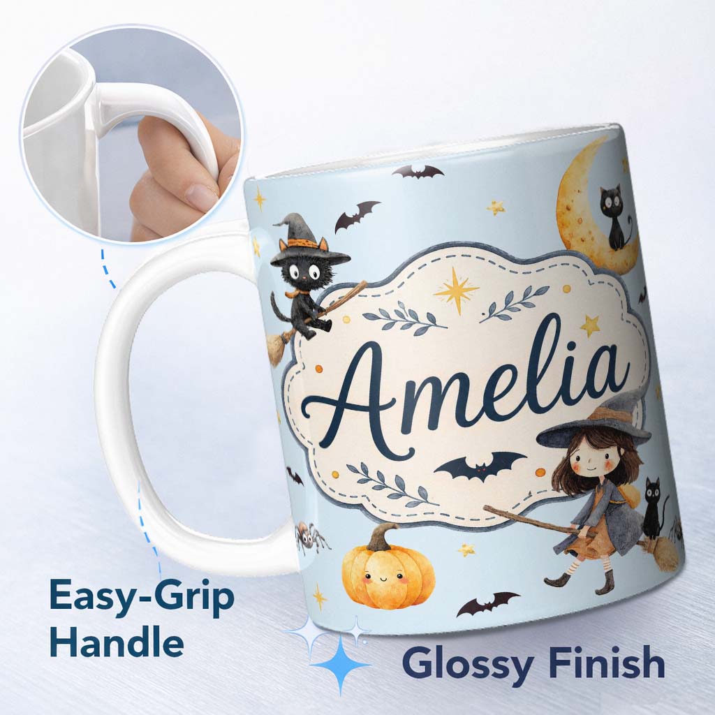 Personalized Custom Name Halloween Witch Cats Moon Stars Spooky Night Blue Seamless Pattern 11oz Ceramic Coffee Tea Mug White Large Handle
