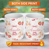Personalized Custom Name Strawberry Cherry Daisy Floral Bow Sweet Dessert Warm Beige Outline 11oz Ceramic Coffee Tea Mug White Large Handle
