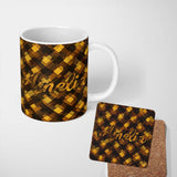 Personalized Custom Name Brown Gold Geometric Square Abstract Seamless Pattern Lovely 11oz Ceramic Coffee Tea Mug White Large Handle