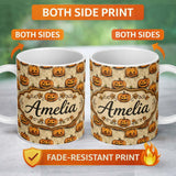 Personalized Custom Name Vintage Sketch Style Pumpkins on Script Background Halloween Lovely 11oz Ceramic Coffee Tea Mug White Large Handle