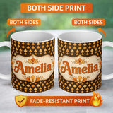 Personalized Custom Name Autumn Golden Leaf Seamless Pattern on Dark Brown Background Lovely 11oz Ceramic Coffee Tea Mug White Large Handle