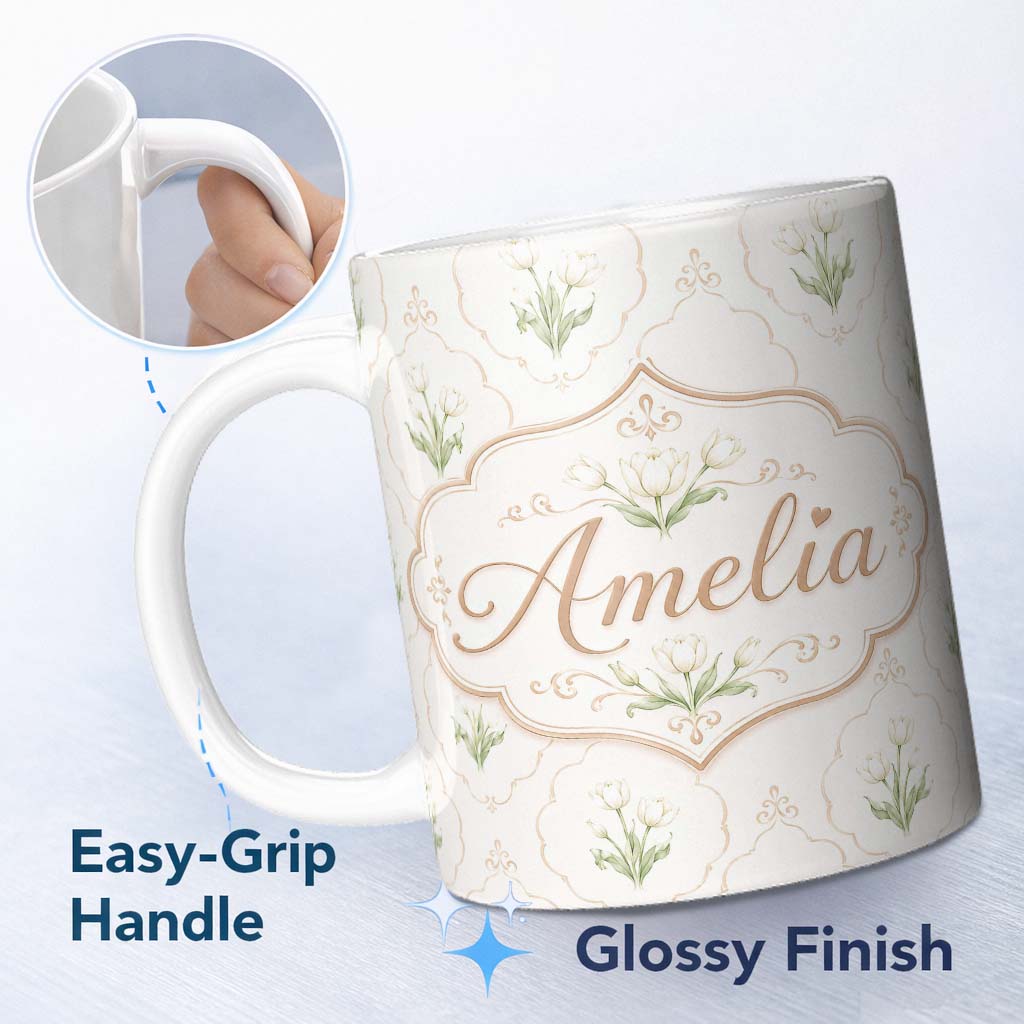 Personalized Custom Name Elegant Tulip Floral Frame Neutral Seamless Pattern Cute Unique Gift 11oz Ceramic Coffee Tea Mug White Large Handle