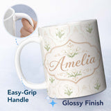 Personalized Custom Name Elegant Tulip Floral Frame Neutral Seamless Pattern Cute Unique Gift 11oz Ceramic Coffee Tea Mug White Large Handle