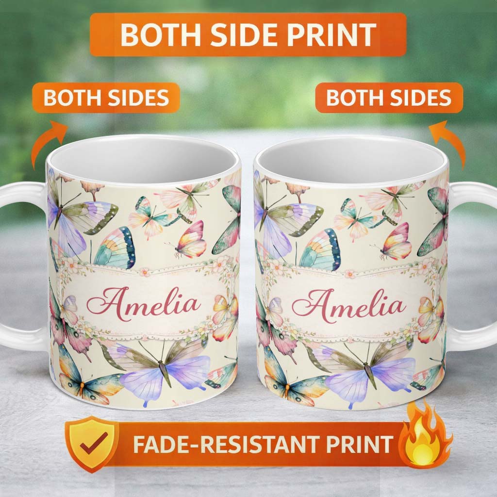 Personalized Custom Name Pastel Watercolor Butterflies Cream Background Seamless Pattern 11oz Ceramic Coffee Tea Mug White Large Handle