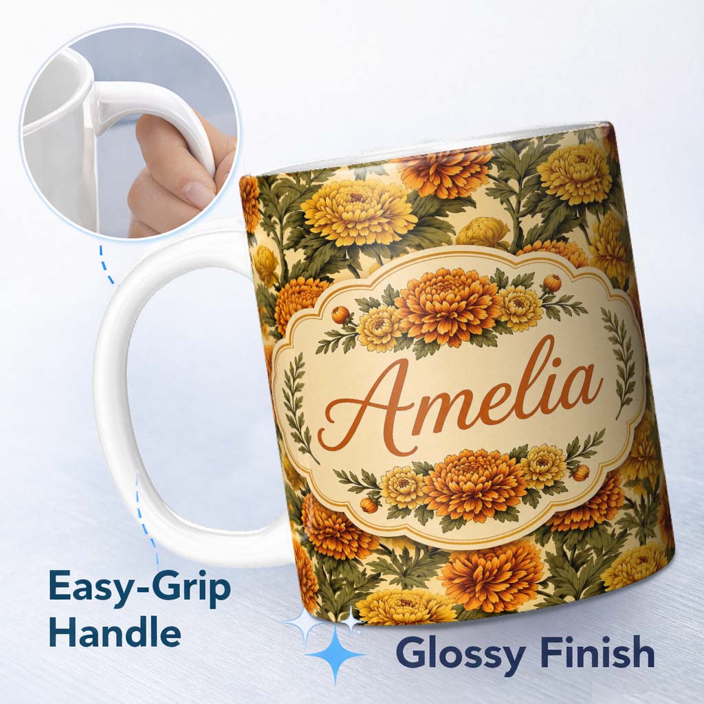Personalized Custom Name Soft Beige Orange Chrysanthemum Floral Seamless Pattern Elegant 11oz Ceramic Coffee Tea Mug White Large Handle