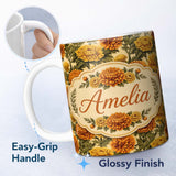 Personalized Custom Name Soft Beige Orange Chrysanthemum Floral Seamless Pattern Elegant 11oz Ceramic Coffee Tea Mug White Large Handle
