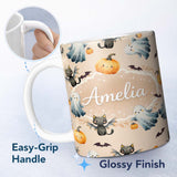 Personalized Custom Name Halloween Ghost Pumpkin Cat Seamless Pattern Warm Beige Cute Spooky 11oz Ceramic Coffee Tea Mug White Large Handle