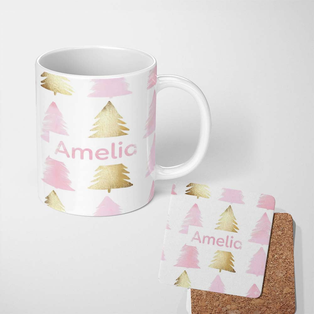 Personalized Custom Name Minimal Gold Pink Christmas Tree Seamless Pattern Cute Unique Gift 11oz Ceramic Coffee Tea Mug White Large Handle