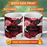 Personalized Custom Name Elegant Rose Floral with Black Red and White Flowers on Deep Red 11oz Ceramic Coffee Tea Mug White Large Handle