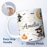 Personalized Custom Name Halloween Witch Girl with Black Cats Moon and Stars Light Grey 11oz Ceramic Coffee Tea Mug White Large Handle