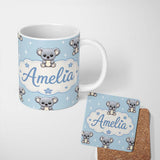 Personalized Custom Name Cute Koala Bears with Stars Blue Background Seamless Pattern Lovely 11oz Ceramic Coffee Tea Mug White Large Handle