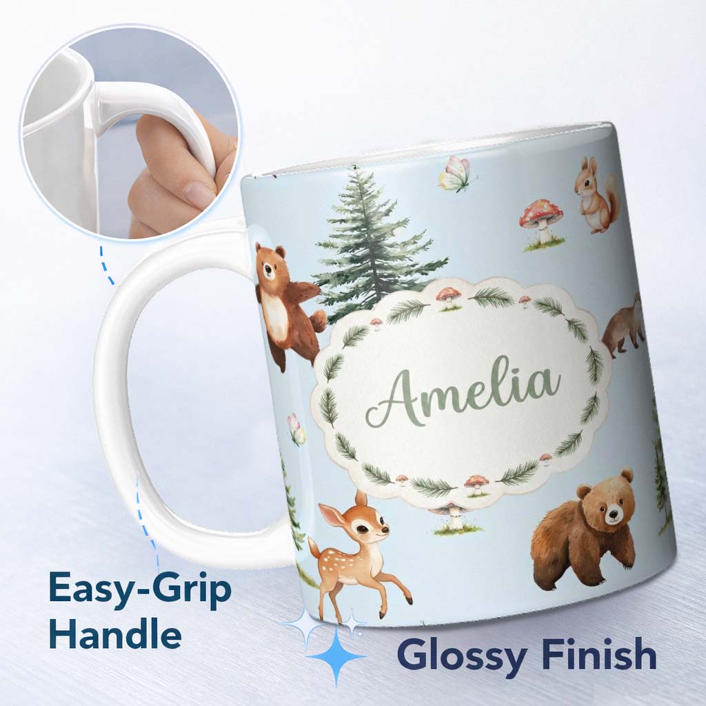 Personalized Custom Name Cute Woodland Forest Animals Bear Bunny Deer on Cream Background 11oz Ceramic Coffee Tea Mug White Large Handle