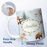 Personalized Custom Name Cute Woodland Forest Animals Bear Bunny Deer on Cream Background 11oz Ceramic Coffee Tea Mug White Large Handle