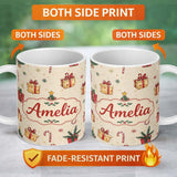 Personalized Custom Name Christmas Tree Candy Cane Snowflakes Seamless Pattern 11oz Ceramic Coffee Tea Mug White Large Handle