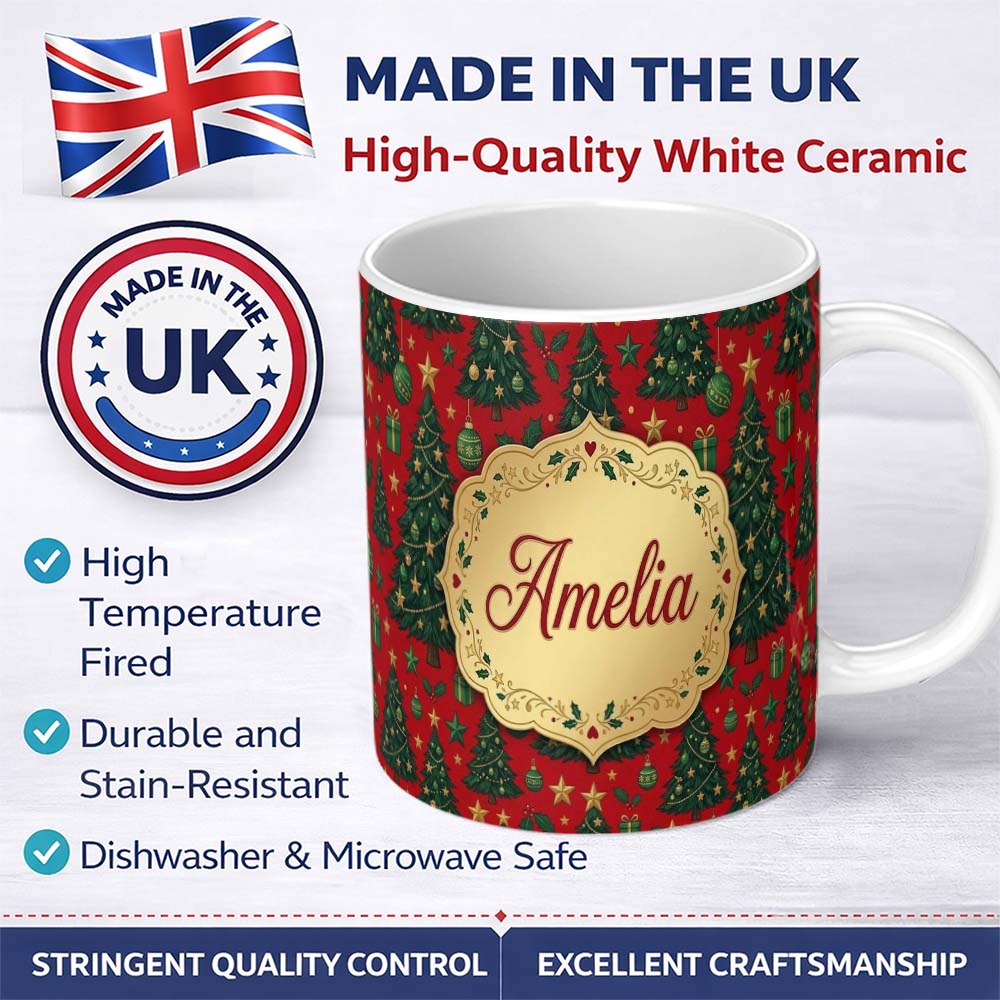 Personalized Custom Name Festive Christmas Trees with Gifts Stars and Ornaments on Red Lovely 11oz Ceramic Coffee Tea Mug White Large Handle