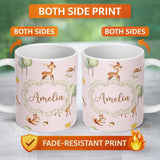 Personalized Custom Name Woodland Animals Deer Fox Squirrel Mushrooms on Blush Pink Seamless 11oz Ceramic Coffee Tea Mug White Large Handle