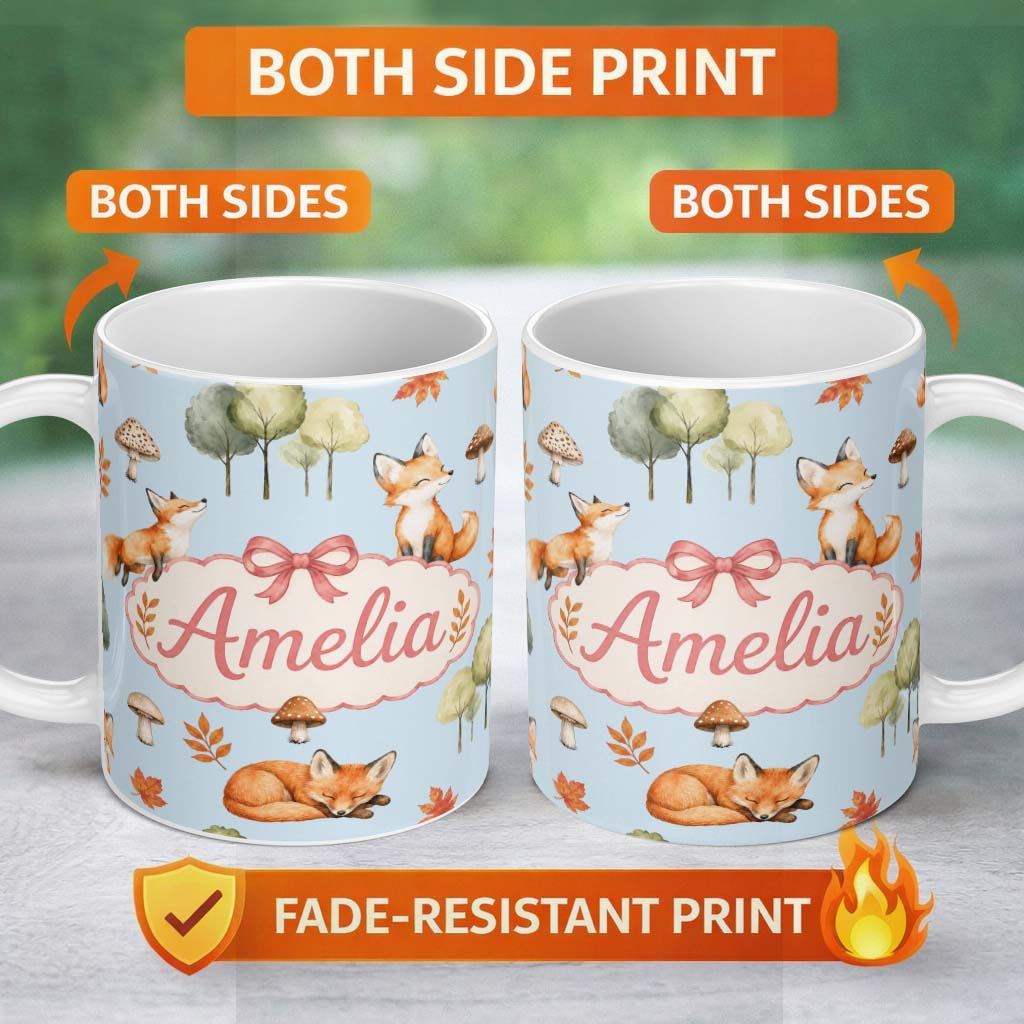 Personalized Custom Name Watercolor Woodland Fox Mushroom Autumn Seamless Pattern on Blue 11oz Ceramic Coffee Tea Mug White Large Handle