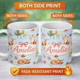 Personalized Custom Name Watercolor Woodland Fox Mushroom Autumn Seamless Pattern on Blue 11oz Ceramic Coffee Tea Mug White Large Handle