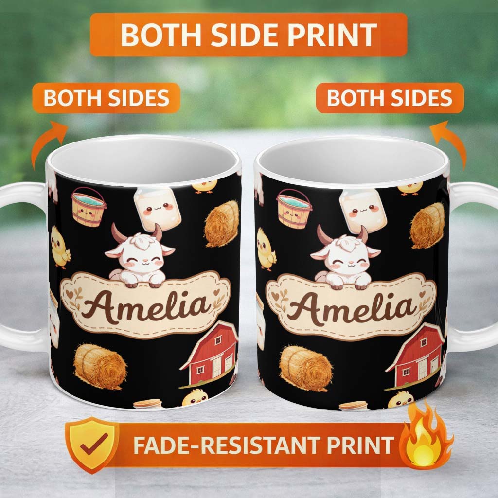 Personalized Custom Name Cute Farm Goat Barn Hay Bale Chick Black Background Seamless Pattern 11oz Ceramic Coffee Tea Mug White Large Handle