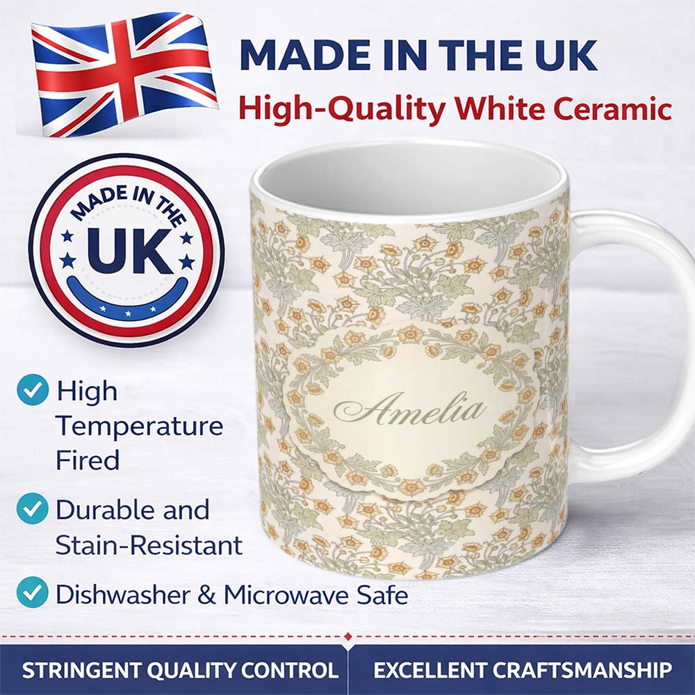 Personalized Custom Name Vintage Botanical Flowers and Leaves Natural Seamless Pattern Lovely 11oz Ceramic Coffee Tea Mug White Large Handle