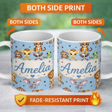 Personalized Custom Name Cute Jungle Baby Animals Lion Tiger Elephant Giraffe Sky Blue Lovely 11oz Ceramic Coffee Tea Mug White Large Handle