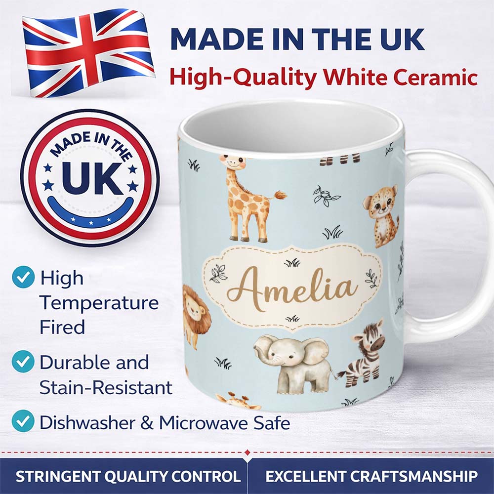 Personalized Custom Name Safari Animals with Elephant Lion and Leopard Cub on Soft Blue 11oz Ceramic Coffee Tea Mug White Large Handle