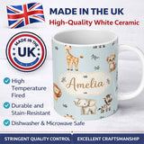Personalized Custom Name Safari Animals with Elephant Lion and Leopard Cub on Soft Blue 11oz Ceramic Coffee Tea Mug White Large Handle