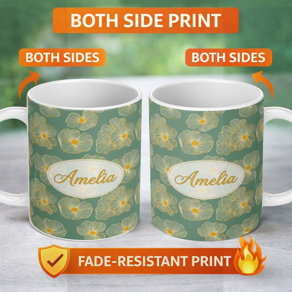 Personalized Custom Name Luxury Teal Background Gold Line Floral Blossoms Elegant Seamless 11oz Ceramic Coffee Tea Mug White Large Handle