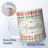 Personalized Custom Name Classic Red Green Plaid Tartan Watercolor Pattern Festive Design 11oz Ceramic Coffee Tea Mug White Large Handle