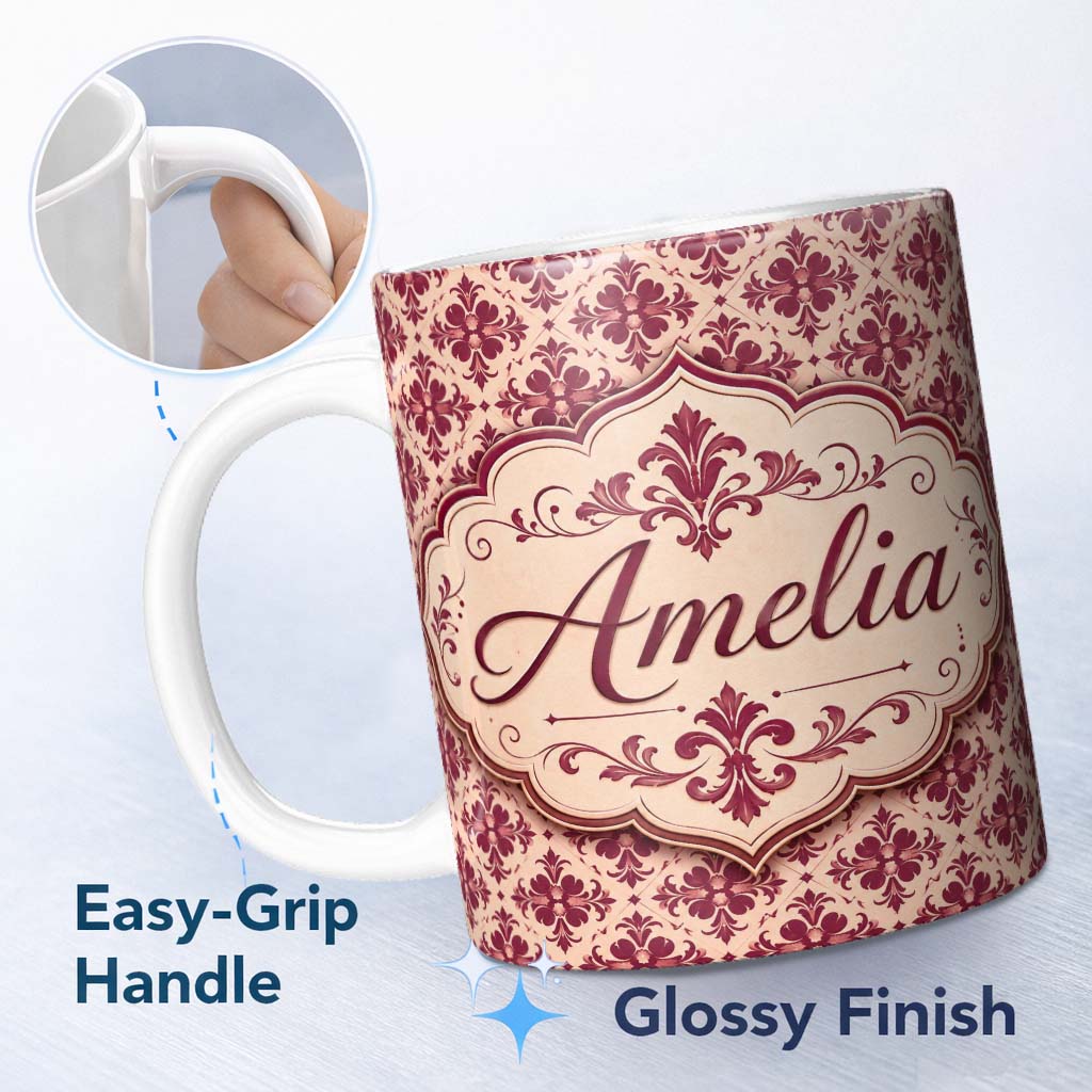 Personalized Custom Name Classic Red Ornamental Damask Seamless Pattern Stylish Everyday Mug 11oz Ceramic Coffee Tea Mug White Large Handle