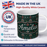 Personalized Custom Name Green Christmas Ornament Tree Knitted Seamless Pattern Lovely 11oz Ceramic Coffee Tea Mug White Large Handle