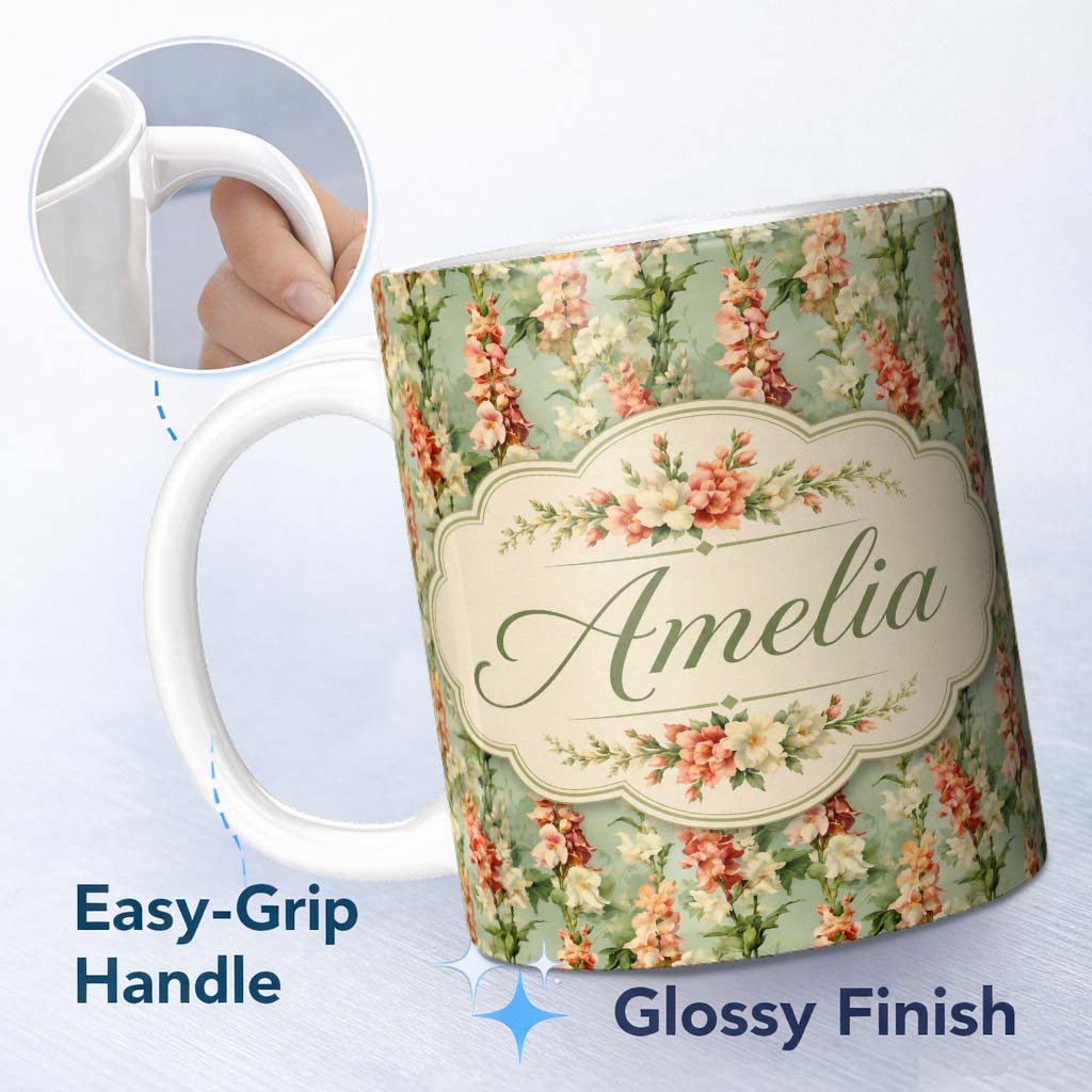 Personalized Custom Name Soft Mint Green Floral Stripe Pattern with Peach and Cream Blossoms 11oz Ceramic Coffee Tea Mug White Large Handle