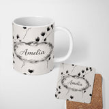 Personalized Custom Name Minimal Floral Stems Black Cream Soft Botanical Pattern Lovely 11oz Ceramic Coffee Tea Mug White Large Handle