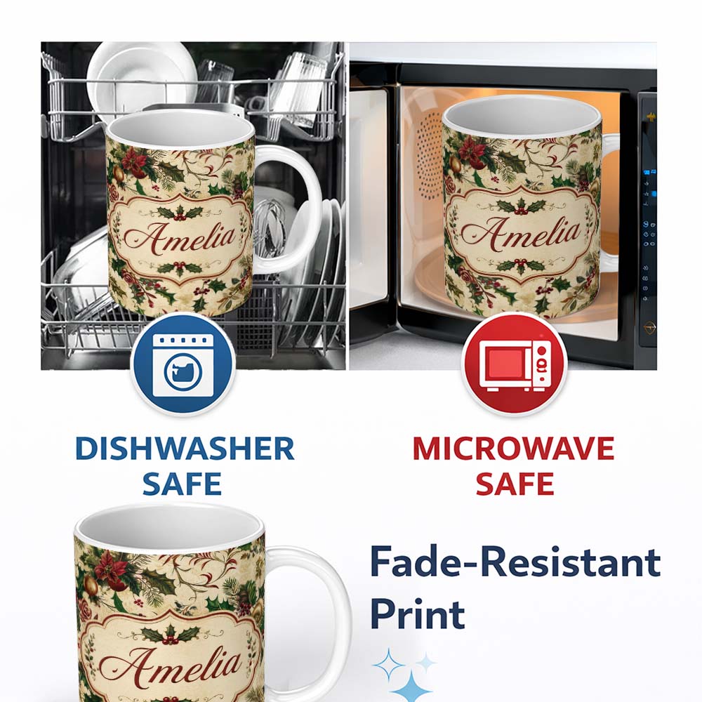 Personalized Custom Name Classic Christmas Floral Holly Berries Pine Leaves Vintage Seamless 11oz Ceramic Coffee Tea Mug White Large Handle